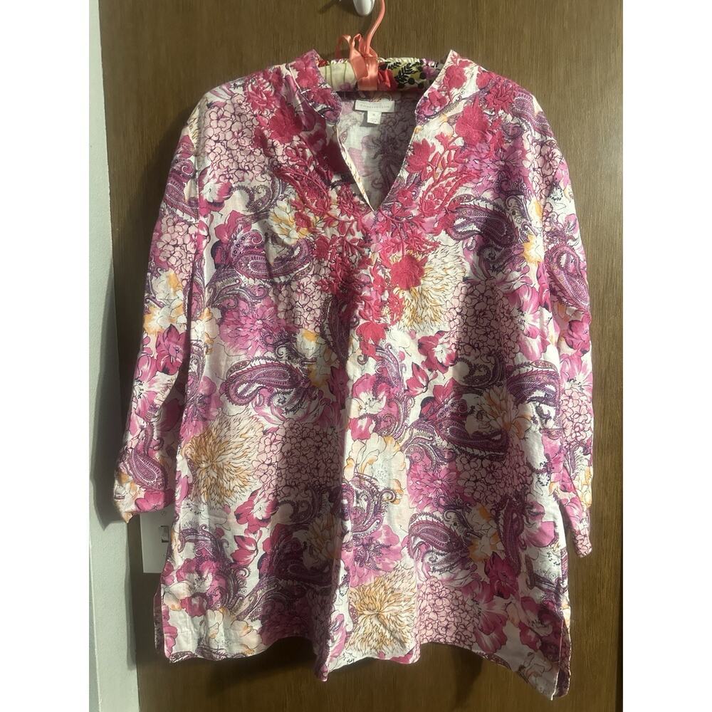 Charter Club Womens XL Preppy pink Embroidered Floral 3/4 sleeve Linen/Cotton